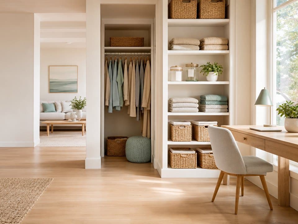 A bright, neatly organized living space with labeled baskets, folded linens and a tidy desk
